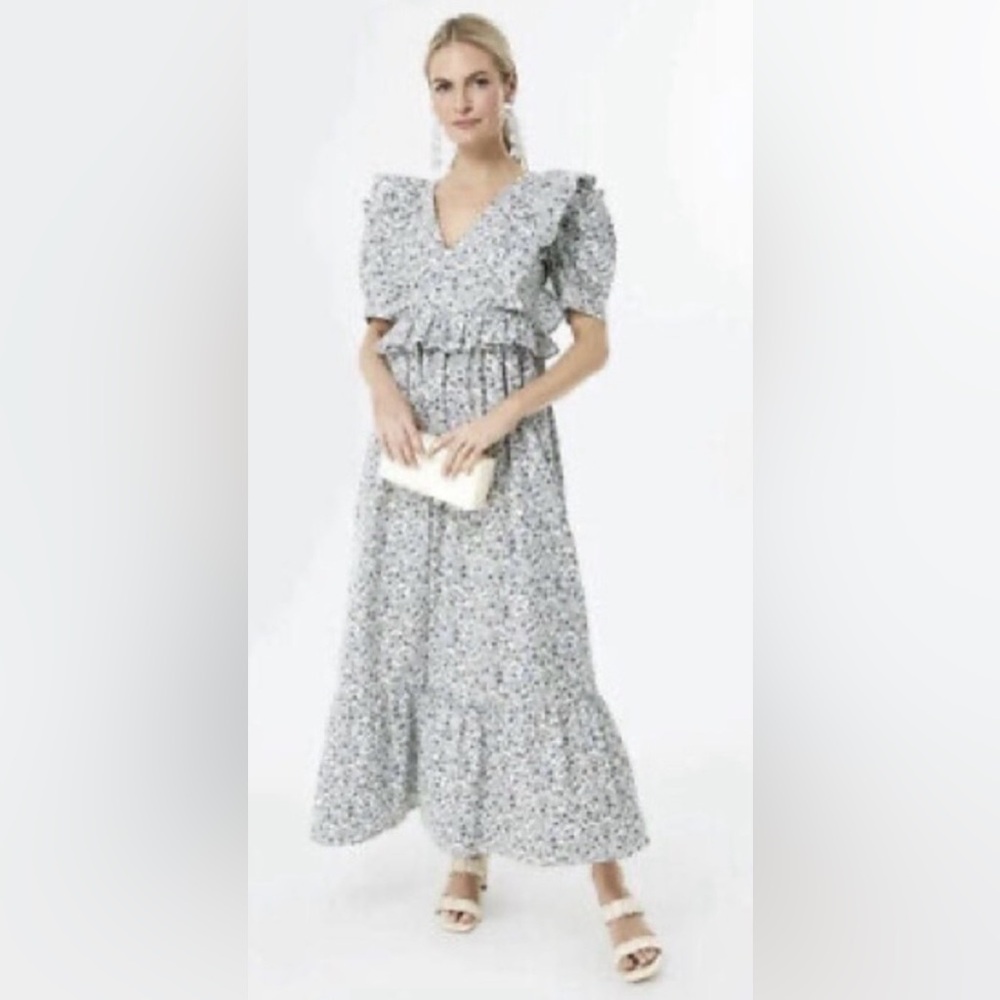 Hyacinth House Blue Floral Maxi Dress Puff Sleeve Ruffle Prairie Cottagecore XS - Picture 2 of 13